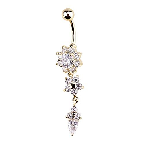 KeyZone Women's Popular Special Crystal Flower Dangle Navel Belly Button Ring Body Piercing Jewelry Golden Color KeyZone Women's Popular Special Crystal Flower Dangle Navel Belly Button Ring Body Piercing Jewelry Golden Color