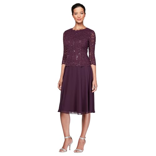 Alex Evenings Women's Sequin Lace Mock Dress (Petite And Regular), Short Deep Plum, 10