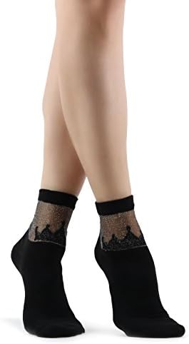 Mixmi Boutique Women's Elegant Black Cotton Socks with Silver Glitter Crown Design Ankle