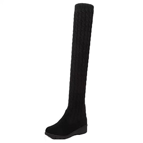 Fheaven Women's Adjustable Crochet Knitting Med Thick Wedges Boot Knee-High Sexy Stretchy Thigh Over Knee Boots Shoes (7.5, Black)