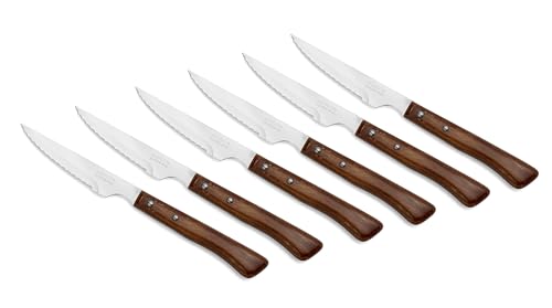 Juego 6 Cuchillos carne. Paquete Cuchillos chuleteros con filo de perla para cortar y filetear carne. Hojaerrada Acero Inoxidable y mango madera haya. Serie Mesa.