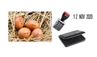 Eier-Datierer-Set bestehend aus einem 4-mm-Mini-Gummistempel, selbstfärbend und einem vorgefärbten, eier-/lebensmittelsichere