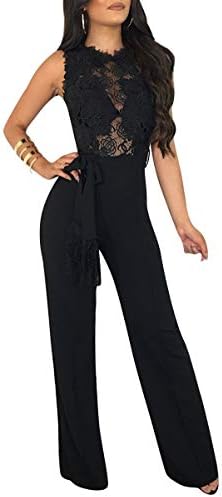 Women's Sexy Sleeveless Hollow Out Lace Top High Waist Wide Leg Pants Jumpsuit