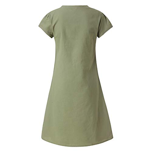Mysky Summer Women Popular Casual Solid Color Comfy Linen Dress Ladies Brief Short Sleeve Plus Size Swing Dress Green