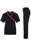MedPro Women's Contrast Trimmed Solid Medical Scrub Set Mock Wrap Top and Cargo Pants Black & Pink XS (GT-756)