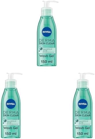 NIVEA Derma Skin Clear Wash Gel (150ml), Deep Cleansing Salicylic Acid Face Wash Enriched with Niacinamide to Cleanse Pores and Remove Impurities, For Blemish-Prone Skin (Pack of 3)