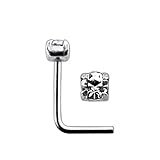 Jeweled 4 Claw Set 925 Sterling Silver L Shaped Nose Pin - Size 20G(0.8MM) 5mmx5mm