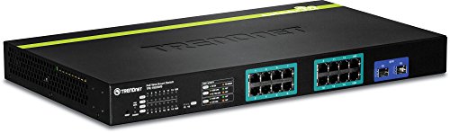 TRENDnet 16-Port Gigabit PoE+ Web Smart Switch with 2 shared SFP Slots, Up to 30 W Per Port, 185 W Total Power Budget, Rack Mountable, TPE-1620WS