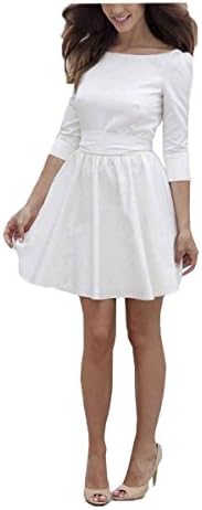 PEBridal Womens Short Simple Wedding Dress Satin Sleeves A Line Bridal Gown US12 White