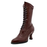 Orfilaly Biker Boots Ladies Lace Up Mid Calf Boots Women Pointy Toe Leather Louis Heel Punk Womens Combat Booties Steampunk Brown