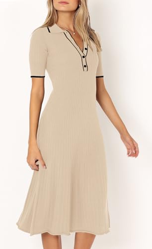 MITILLY WOMEN’S 2024 SUMMER SHORT SLEEVE SWEATER DRESS BUTTON V NECK RIBBED KNIT A LINE CASUAL MIDI DRESSES MEDIUM APRICOT
