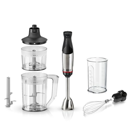 - Batidora de mano, ErgoMaster Serie 6, motor refrigerado por aire de 1000 vatios, control dinámico de velocidad, sistema de mezcla QuattroBlade Pro, accesorios incluidos, MSM6M652