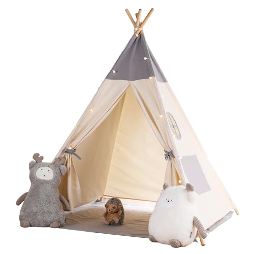besrey Children's Play Tent Indian Canvas Teepee Cotton with Fairy Lights + Matt Grey