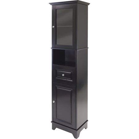 Slender Tall Cabinet with Glass Door on The Top Hutch, Spacious Enclosed Cabinet Space with One Adjustable Shelf, Open Storage in Mid Section, One Drawer, Elegant Black Finish + Expert Home Guide