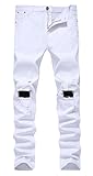 Men's White Ripped Skinny Distressed Destroyed Slim Jeans Pants with Holes