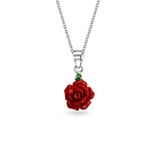 Tile Carved Red Rose Flower Pendant Necklace For Women For Teen 925 Sterling Silver