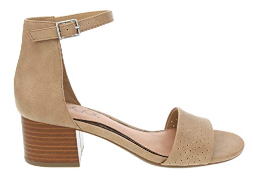 Sugar Women's Noelle Low Two Piece Block Heel Dress Shoe Ladies Ankle Strap Pump Sandal Taupe Pin Perf 6.5
