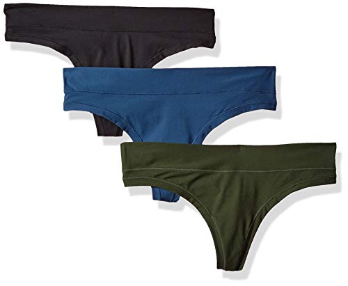Amazon Brand - Mae Women's Standard 3 Pack Perfect FIT Thong, fashion/jet black, duffle green, dark denim, MEDIUM