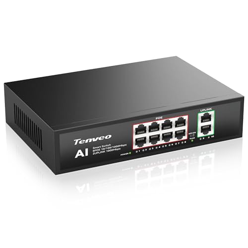 Tenveo Power Over Ethernet Switch PoE+ 8 Gigabit Ports, 120W, 2 Uplink, Smart Management, VLAN, Metal Housing - Ideal for IP Cameras, Streaming and Business Networks
