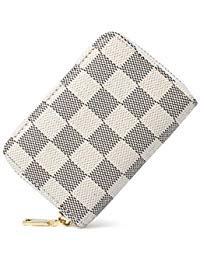 Classical Lattice Small Leather RFID Blocking Credit Card Holder with 11 Organ-style Card Slots Card Wallet (White)
