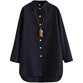 Minibee Women's Cotton Shirts Tunics Hi Low Tops Boyfriend Button Down Blouse