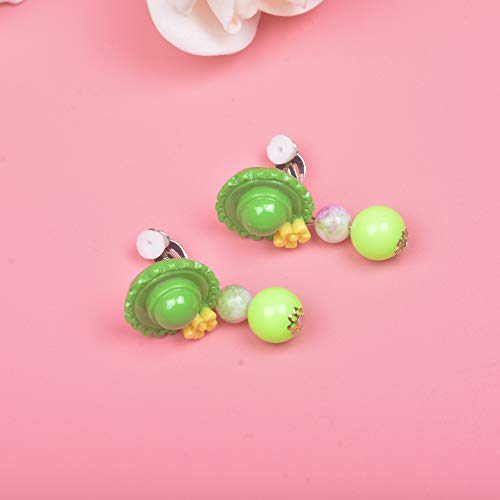 Larcenciel Kids Jewelry Necklace Bracelet Ring Earring Set Flowers Pendant Bubblegum Chain for Little Girls Children Play Pretend Dress Up (Green hat)
