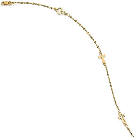 Polished Triple Ankh &amp; Cross Ladies Ankle Bracelet 14k Yellow Gold