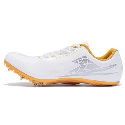 THESTRON Track Shoes Spikes Mens Womens Distance Running Sneakers Athletic Sprinting Track and Field Racing Shoes with Spikes Boys Girls … White-Gold