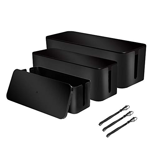 [Set of 3] 3 Cable Management Boxes + 3 Wire Ties, Large Cord Box Organizers to Hold and Hide Power Strip Charger Adapter Power Cord Charging Station USB HUB