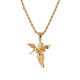 Yellow Gold Plated Cherub Guardian Angel and Rope Chain Necklace - Lifetime Warranty