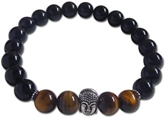 COLORFEY Mens Tibetan Healing Energy Genuine Gemstone Tiger Eye Lapis Lazuli Beads Black Buddha Bracelet (Tiger Eye + Buddha Head + Black Obsidian Healing Bracelet)