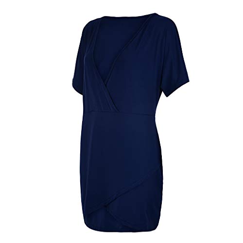 ❤️Women's Waisted Dress, Ladies Cross Wrap Solid Short Sleeve Skirt Sexy Deep V Elastic Dress Gogoodgo Blue
