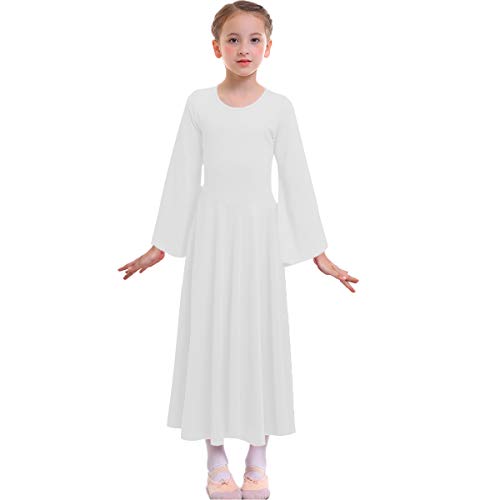 MYRISAM Kids Girls Praise Dance Robe Liturgical Solid Color Bell Sleeve Dress Full Length Loose Fit Worship Costume White 8-9T - Thumbnail 3
