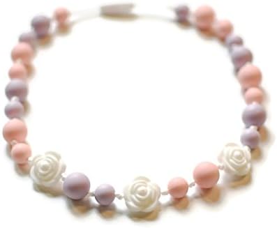 White Roses Silicone Oral Sensory Autism Chewable Chew Necklace 20'' - Bitey Beads
