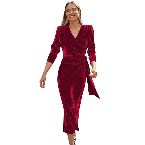 OBEEII RED VELVET DRESS FOR WOMEN FORMAL LONG DRESS ELEGANT V NECK WRAP BODYCON COCKTAIL PARTY MIDI DRESS HOMECOMING EVENING WEDDING GUEST LONG SLEEVE CHRISTMAS DRESS WINE RED S