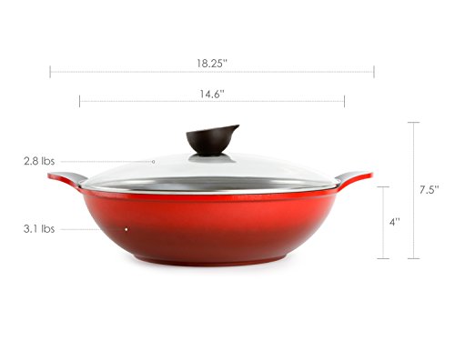 Wok with Glass Lid - Two-Handled, 14-inch Ceramic Nonstick in Red by Neoflam