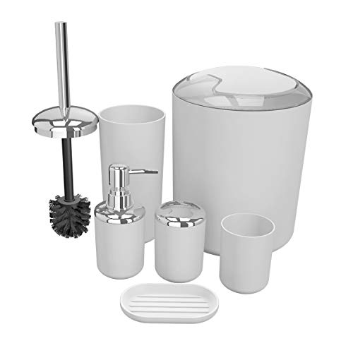 Bathroom Accessories Set 6 Pieces Plastic Bathroom Accessories Toothbrush Holder, Rinse Cup, Soap Dish, Hand Sanitizer Bottle, Waste Bin, Toilet Brush with Holder (White)