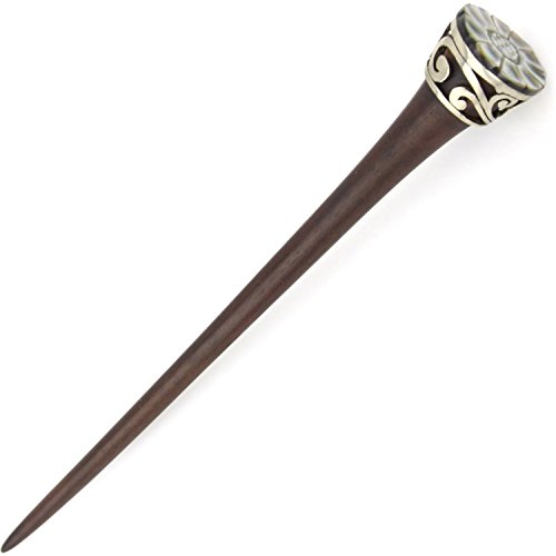 Evolatree Natural Wood Hair Pin - Hand Carved Wooden Hair Stick - Elegant Steel Filigree Wrap - Mother Of Pearl Flower - 7" - Thumbnail 3