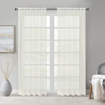 Megachest a pair of sheer IVY checkered pattern voile curtain with tie backs (Ivory,W 56" x L 90" (2 Panels))
