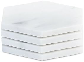 Marble Coasters For Drinks Set Of 4 Pieces With Corkscrew Bottom Keeping Your Drink Cool.Hexagon Shape.Deluxe Gift for Christmas/house warming to Home And Bar. Natural Carrara Marble Stone Coaster