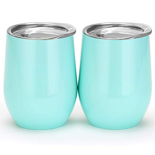 MASCOTKING Wine Glasses Tumbler - 12 oz 2 Pack - Double Wall Vacuum Insulated Cup with Lids for Keeping Wine, Coffee, Drinks - Beverage Warm in Winter - Christmas Present (2PACK 12oz, Light Blue)