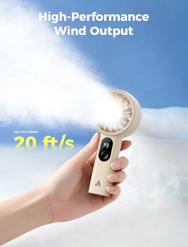 Aecooly Mighty Portable Hand Fan, Mini Handheld Fan Rechargeable [10H Max Cooling Time] with LED Display, 5 Speeds Powerful Small Personal Fan for Travel, Lash, Summer, Gifts for Women - Beige