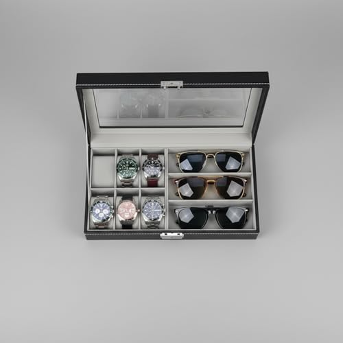 Estojo 9 compartimentos relógios e óculos couro ecológico | Forro aveludado e visor transparente protegem peças delicadas; ideal para penteadeiras, closets e viagens curtas