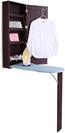 Ironing Board Cabinet,3 in 1 Wall Mount Ironing Center with Foldable Iron Board , Mirrore Cabinet &amp; Suit Hook,Premium MDF Multi-functional Storage Shelves Ironing Board Center(Ship From USA) (Brown)