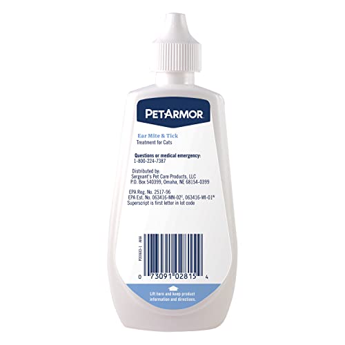 PETARMOR EAR MITE TREATMENT FOR CATS, EAR MITE MEDICINE KILLS TICKS AND EAR MITES TO RELIEVE ITCHINESS, EAR MITE DROPS SOOTHS EARS WITH ALOE, 3OZ