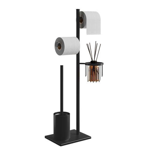 Toilet Paper Holder Set Stainless Steel Black Freestanding Toilet Brush and Storage Basket Perfect for Organizing Bathroom with Elegance and Practicality
