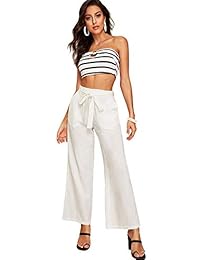 WDIRARA Pantalones anchos sueltos de cintura ancha con cintura elástica para dama Pantalones largos casuales