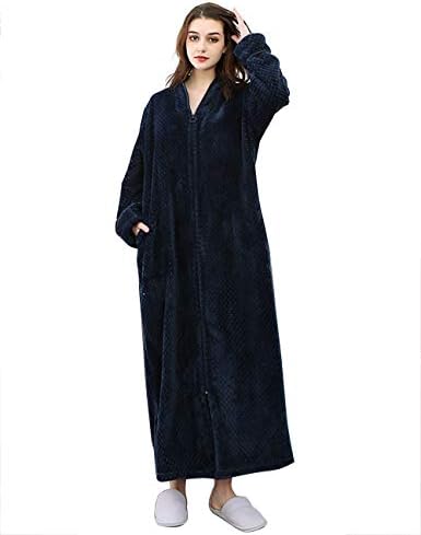 Women's Zip Front Bathrobe Premium Flannel Fleece Plush Caftan Soft Long Robe Warm Housecoat