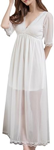 Women's Nightgown Cotton V-Neck Pajama Nightwear Long Sleeve Vintage Sleepwear Lounge Dress