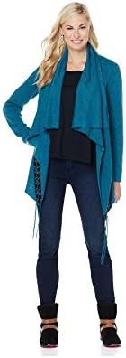 Twiggy London Women's Draped, Open Cardigan Sweater with Faux Leather Detail (Large, Peacock)